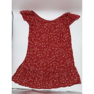 Boho Red Floral Mini Dress L Cottagecore Flutter Sleeve Peasant Ruffle Prairie